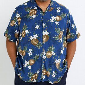 KY's Men's XL Blue Golden Pineapple Aloha Hawaiian Camp Shirt Made In Hawaii USA